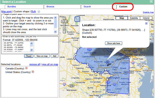Google Ads used to allow polygon drawing around map areas for targeting.