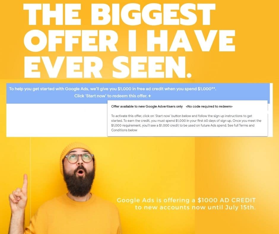 The Biggest offer I have ever seen. A man in yellow looking up and point to the big offer and text from Google