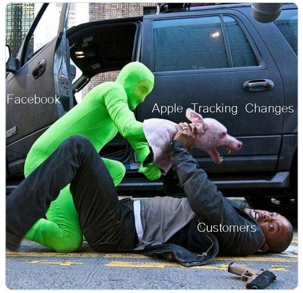 Pictured is a meme, Will Smith from the movie Legend, behind the scenes showing a man in a green FX suit holding a scary looking dog head as a hand puppet attacking Will Smith. Smith is crying for help. Facebook is making things worse than it really is with its feud with Apple.