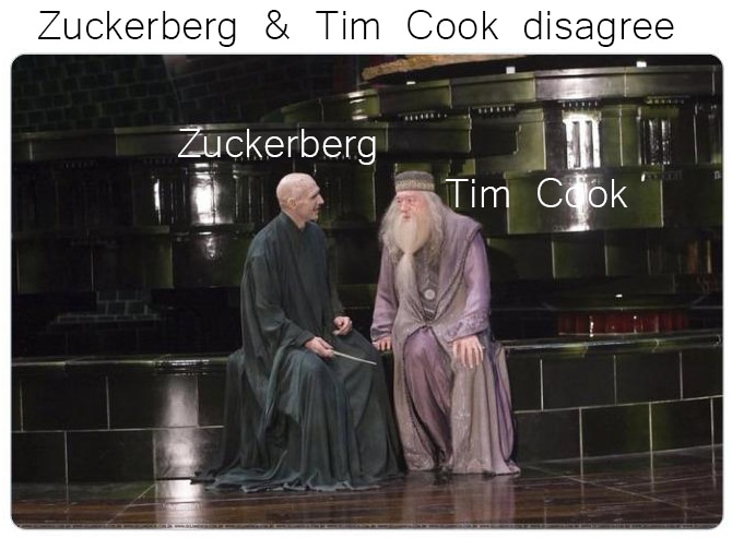 Pictured is a meme. Tim Cook and Mark Zuckerberg sit down to talk, what could possibly go wrong? But Zuckerberg is Voldemort and Tim Cook is Professor Dumbledore from Harry Potter sitting down together.