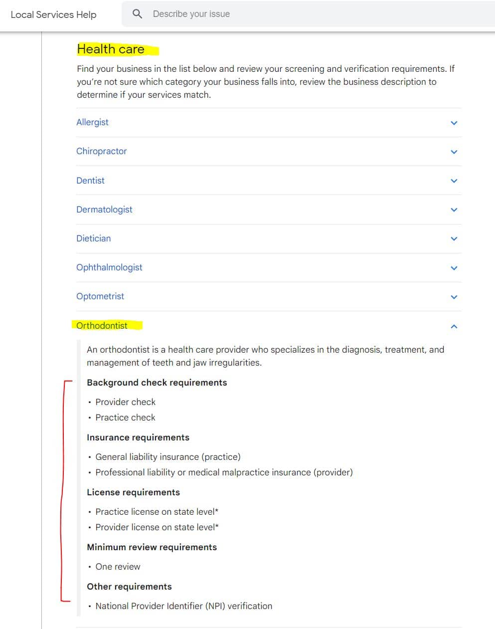 Google Guaranteed requirements for Orthodontists provided as an example from Google's website