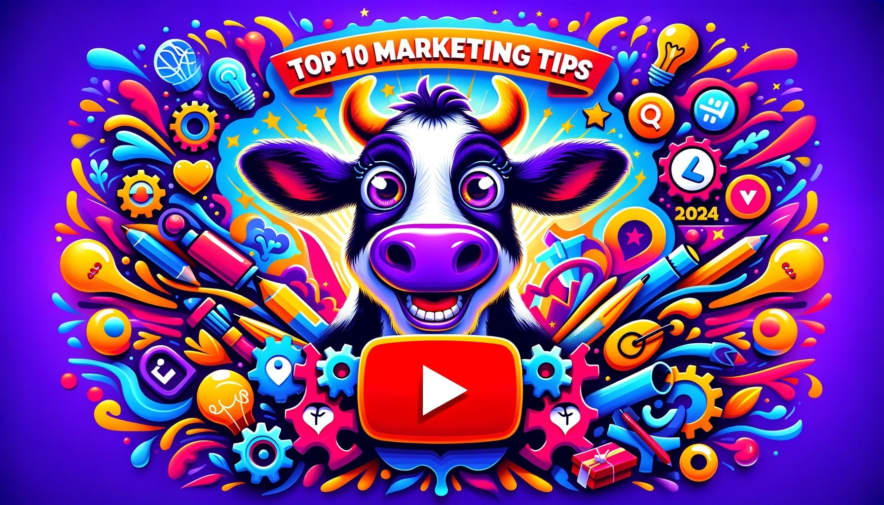 Top 10 SEO Tips For 2024, image of purple cow with youtube play icon surrounded by colorful blobs of tech items swirling around the a smiling cute little purple cow