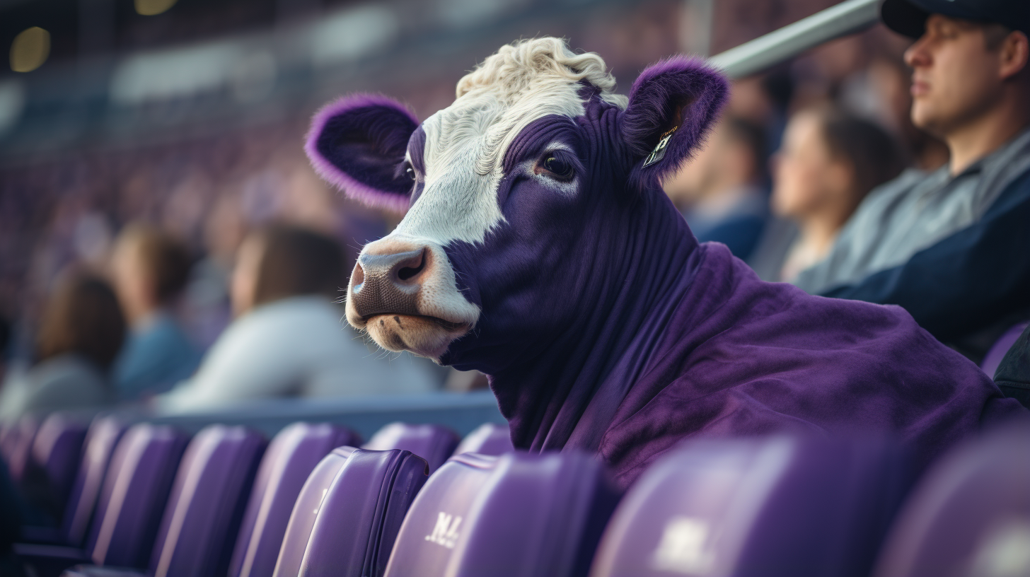 AI image of purple cow in stadium created using midjourney