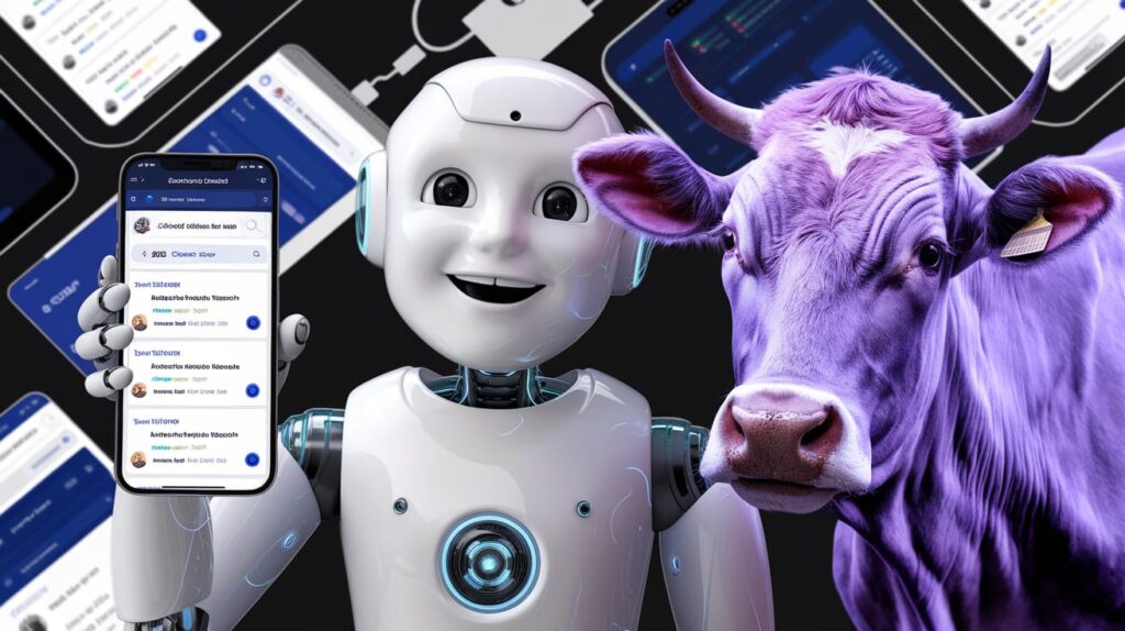 AI optimization, AI SEO, is SEO Dead? a purple background with a robot and a cow