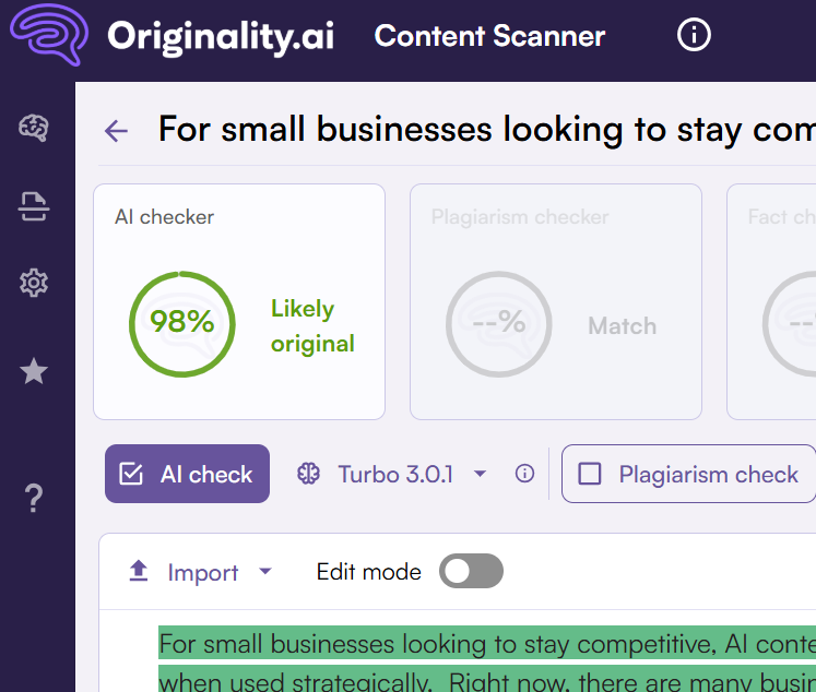 Originality.ai checker finds if an article is original or has a plagiarism issue